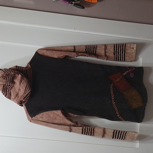 Rising International Boho Hoodie Jacket Coat Brown w Teal Purple Orange Cutouts - Picture 8 of 12